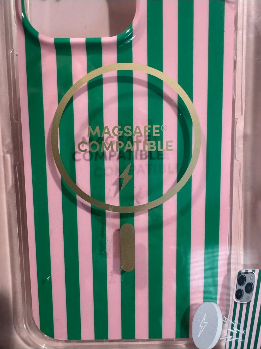 XO Poppy Striped MagSafe-Compatible iPhone 15 Pro Max Case - Pink & Green stripe